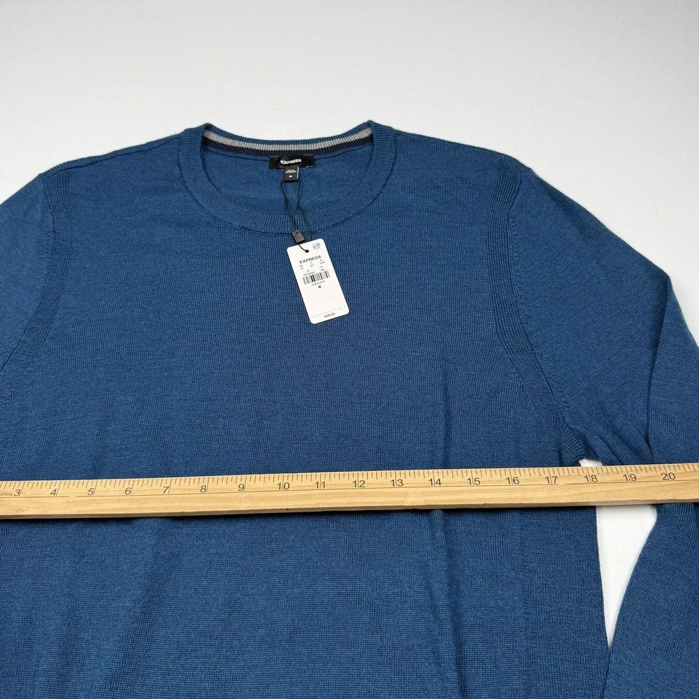 Express Sweater Mens Medium Blue Merino Wool Crewneck Knit Pullover Lightweight